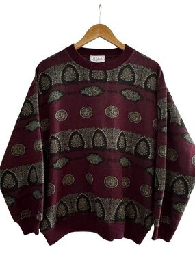 Vintage Italian Wool Blend Grandpa Sweater Burgundy Baroque Medallion Knit